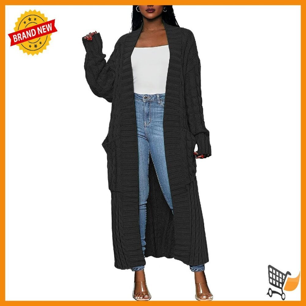 Long Cable Knit Cardigan Open Front Maxi Coat Women's Cozy Outerwear